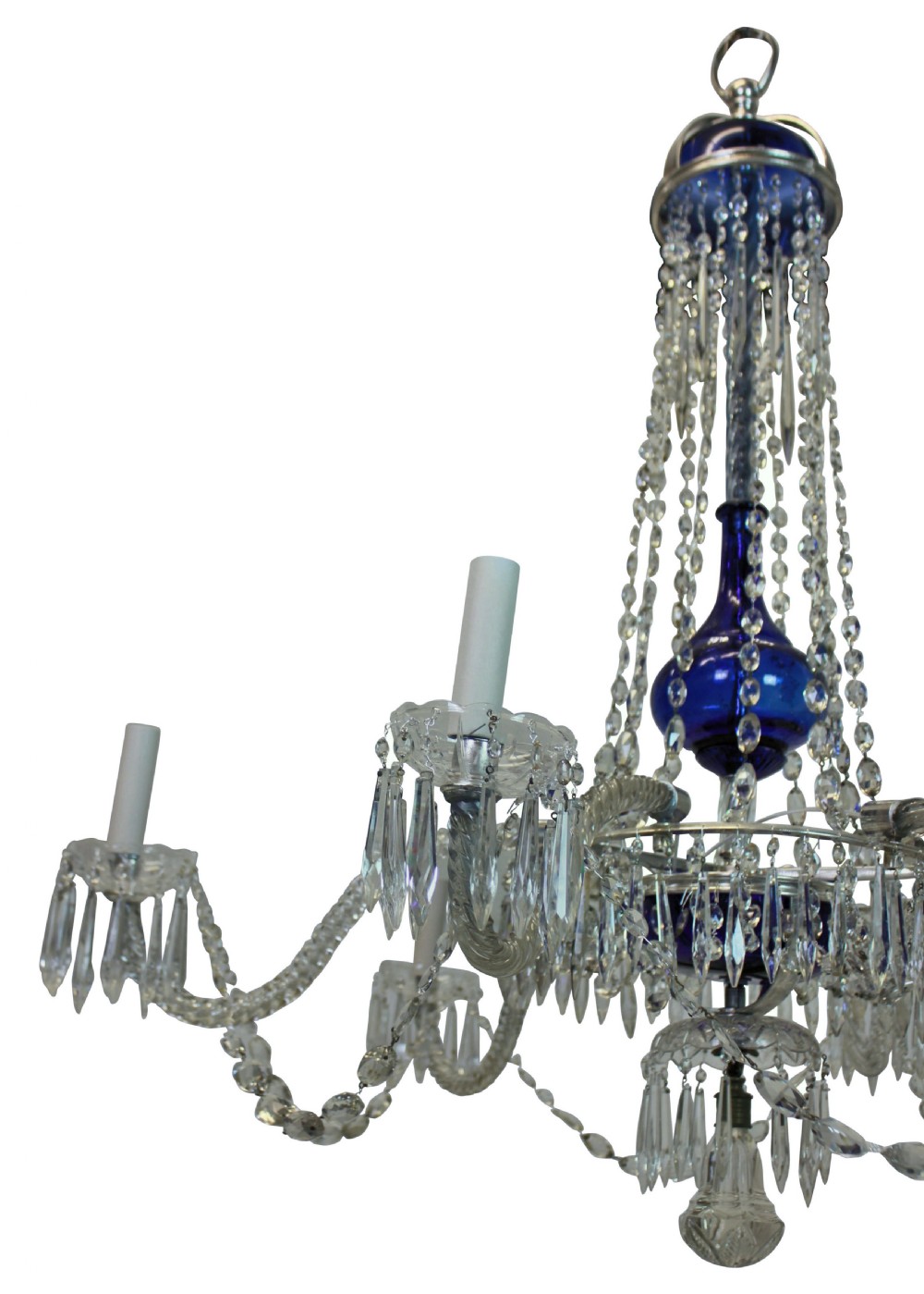 A nineteenth-century Swedish six-arm chandelier featuring clear cut-crystal prisms and hanging droplets arranged around a cobalt blue glass central column. View II