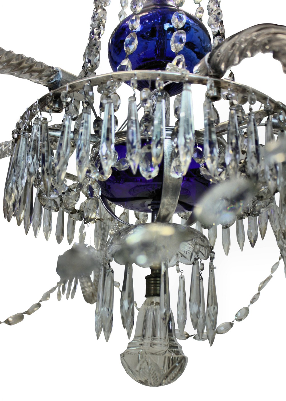 A nineteenth-century Swedish six-arm chandelier featuring clear cut-crystal prisms and hanging droplets arranged around a cobalt blue glass central column. View III