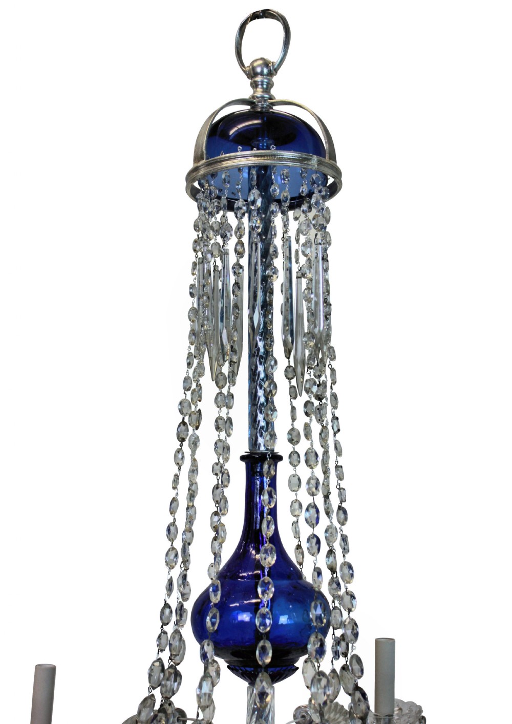 A nineteenth-century Swedish six-arm chandelier featuring clear cut-crystal prisms and hanging droplets arranged around a cobalt blue glass central column. View IV