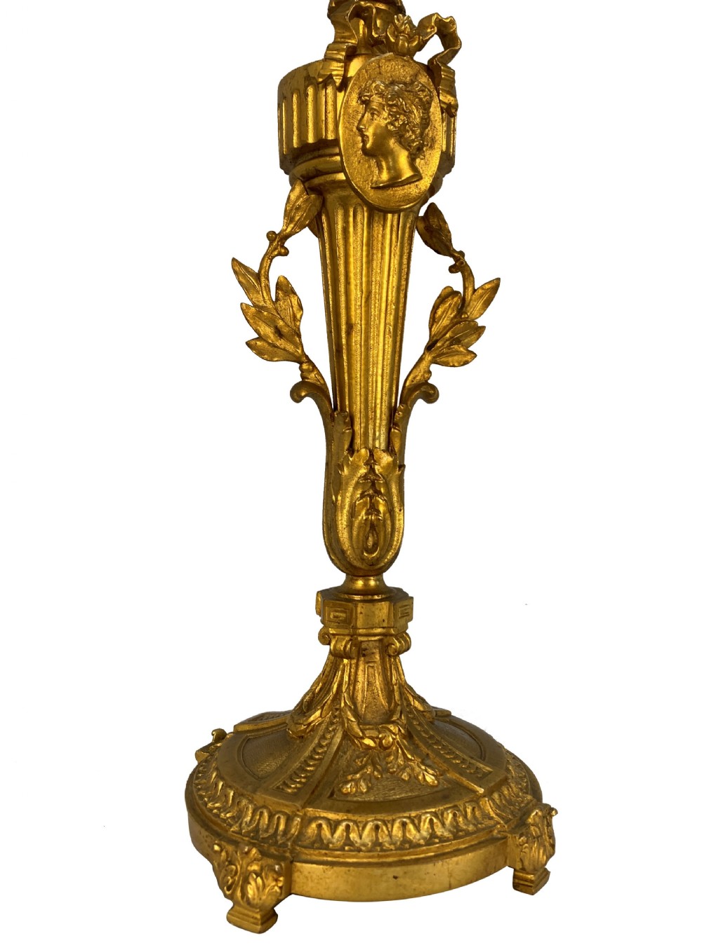 A pair of French Louis XVI style gold ormolu candlestick table lamps with gathered blue and cream patterned shades. View V