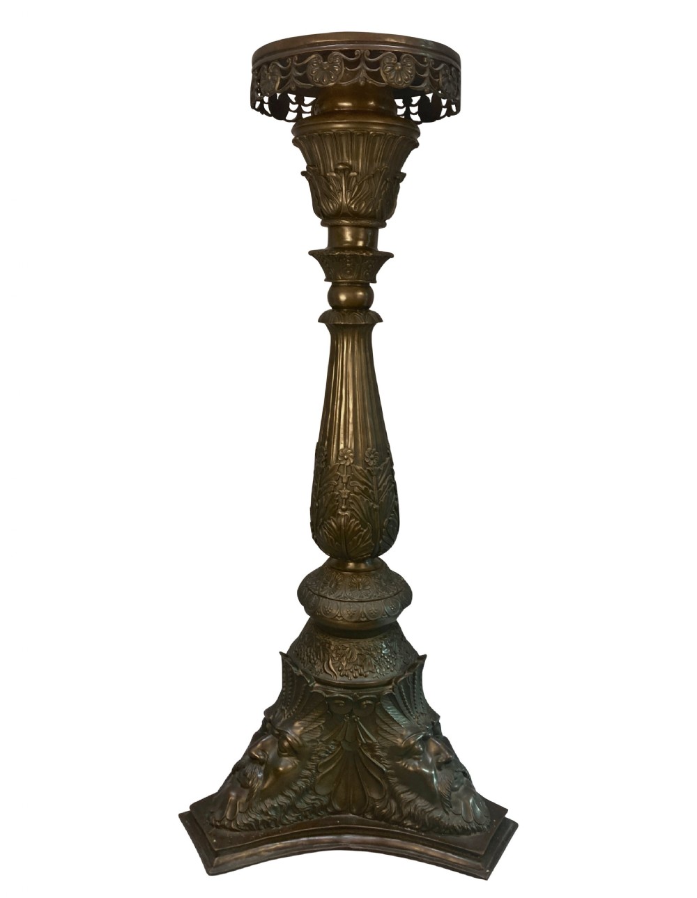 A pair of tall dark bronze Venetian torchere pedestals featuring ornate relief facial masks at the base, leaf-carved columns, and perforated top rims. View II