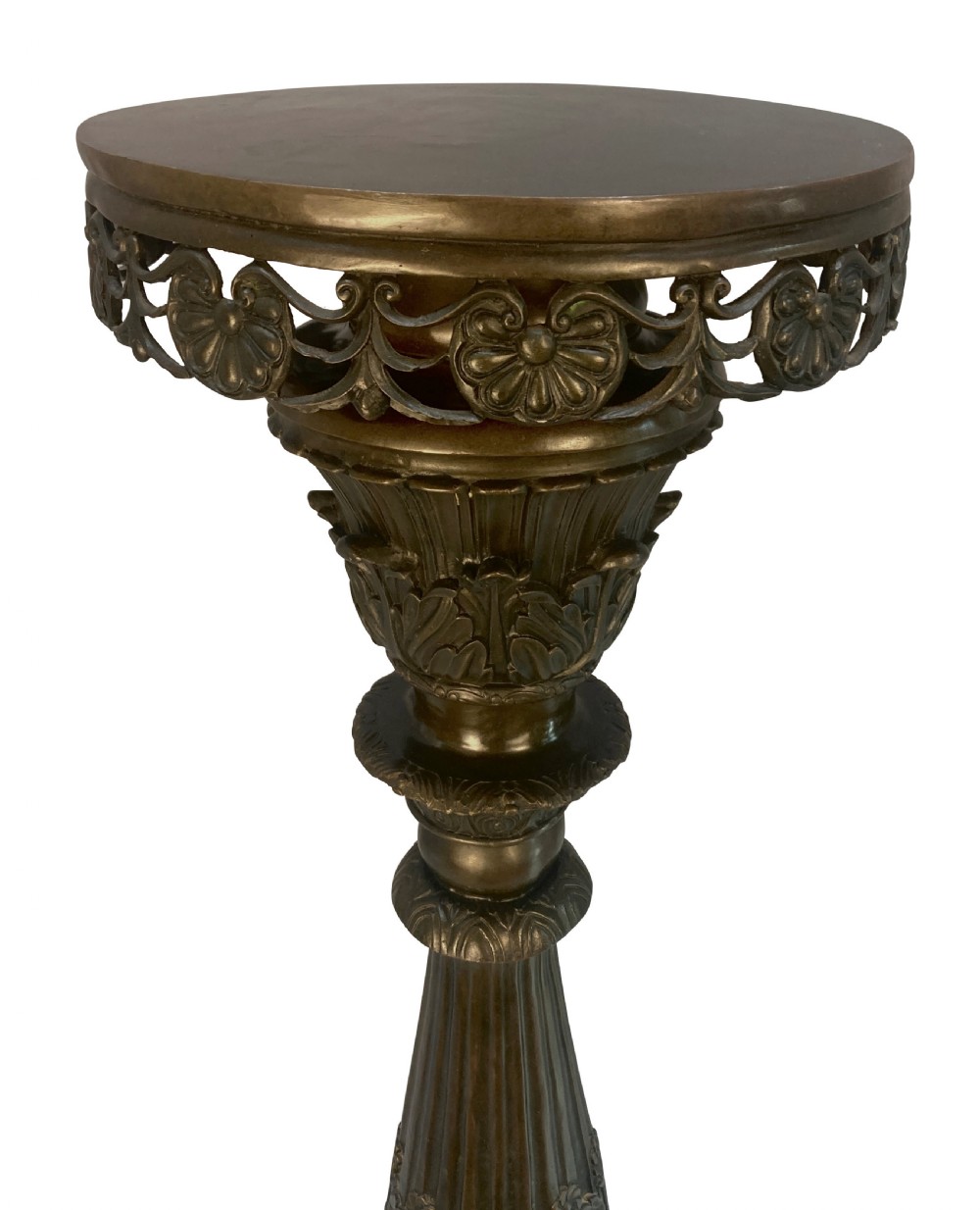A pair of tall dark bronze Venetian torchere pedestals featuring ornate relief facial masks at the base, leaf-carved columns, and perforated top rims. View VII