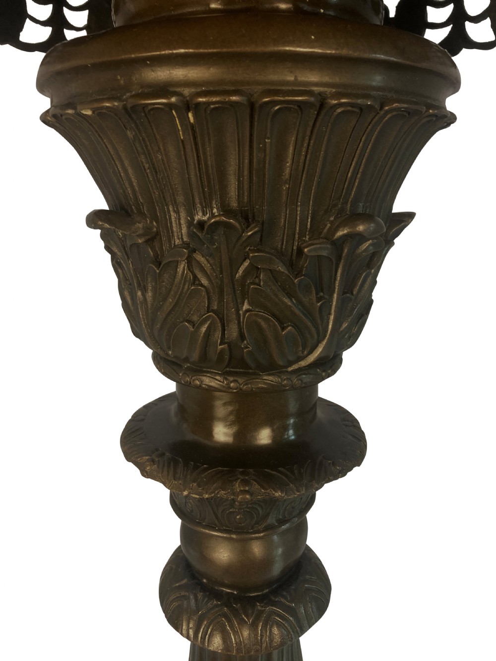 A pair of tall dark bronze Venetian torchere pedestals featuring ornate relief facial masks at the base, leaf-carved columns, and perforated top rims. View VIII