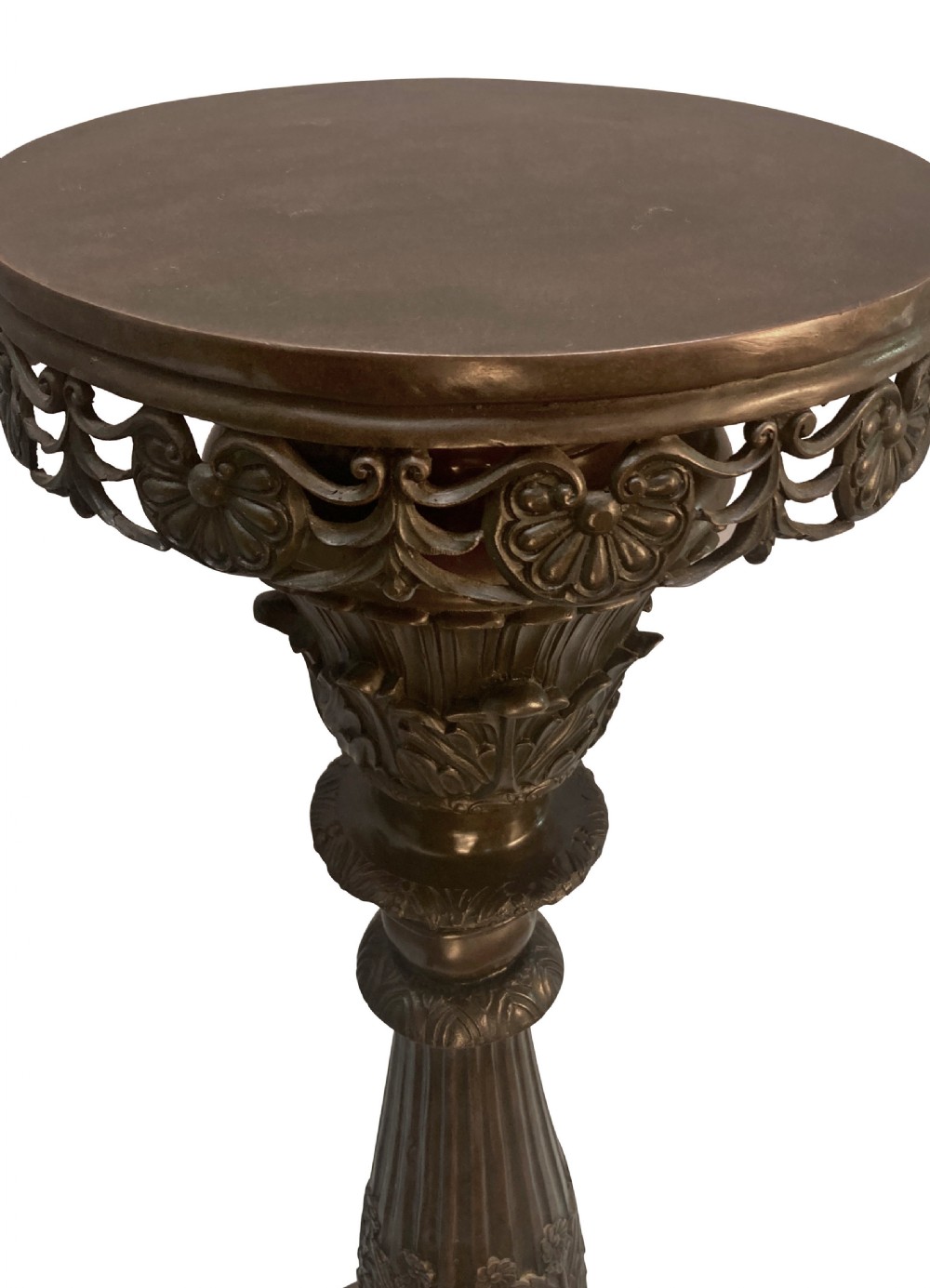 A pair of tall dark bronze Venetian torchere pedestals featuring ornate relief facial masks at the base, leaf-carved columns, and perforated top rims. View X