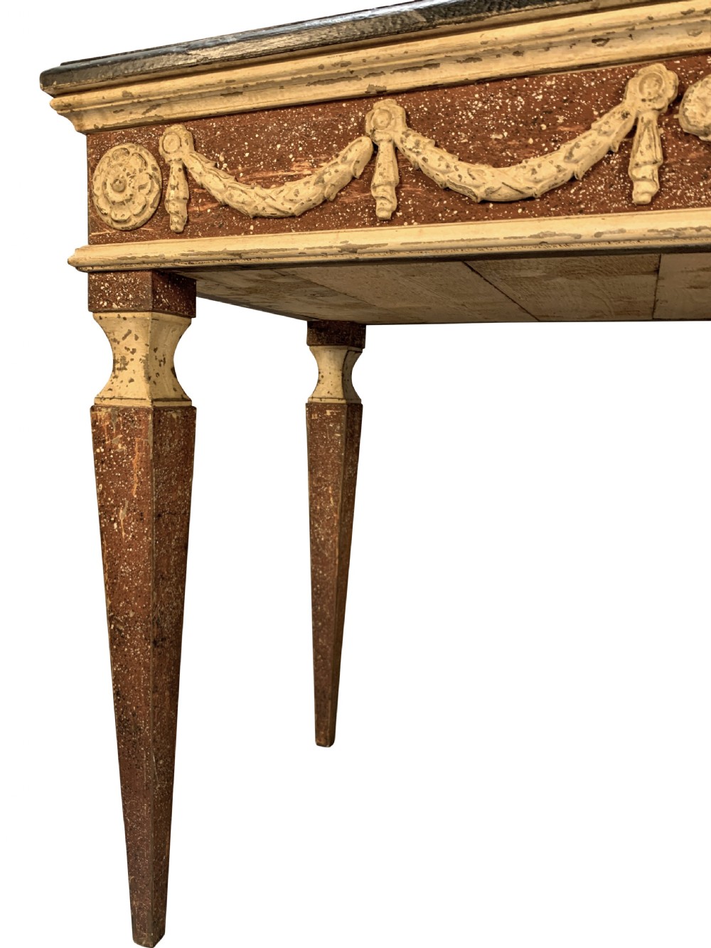 An 18th-century Italian Neoclassical console table featuring a dark marble top, square tapered legs, and a painted apron decorated with carved draped garlands. View III