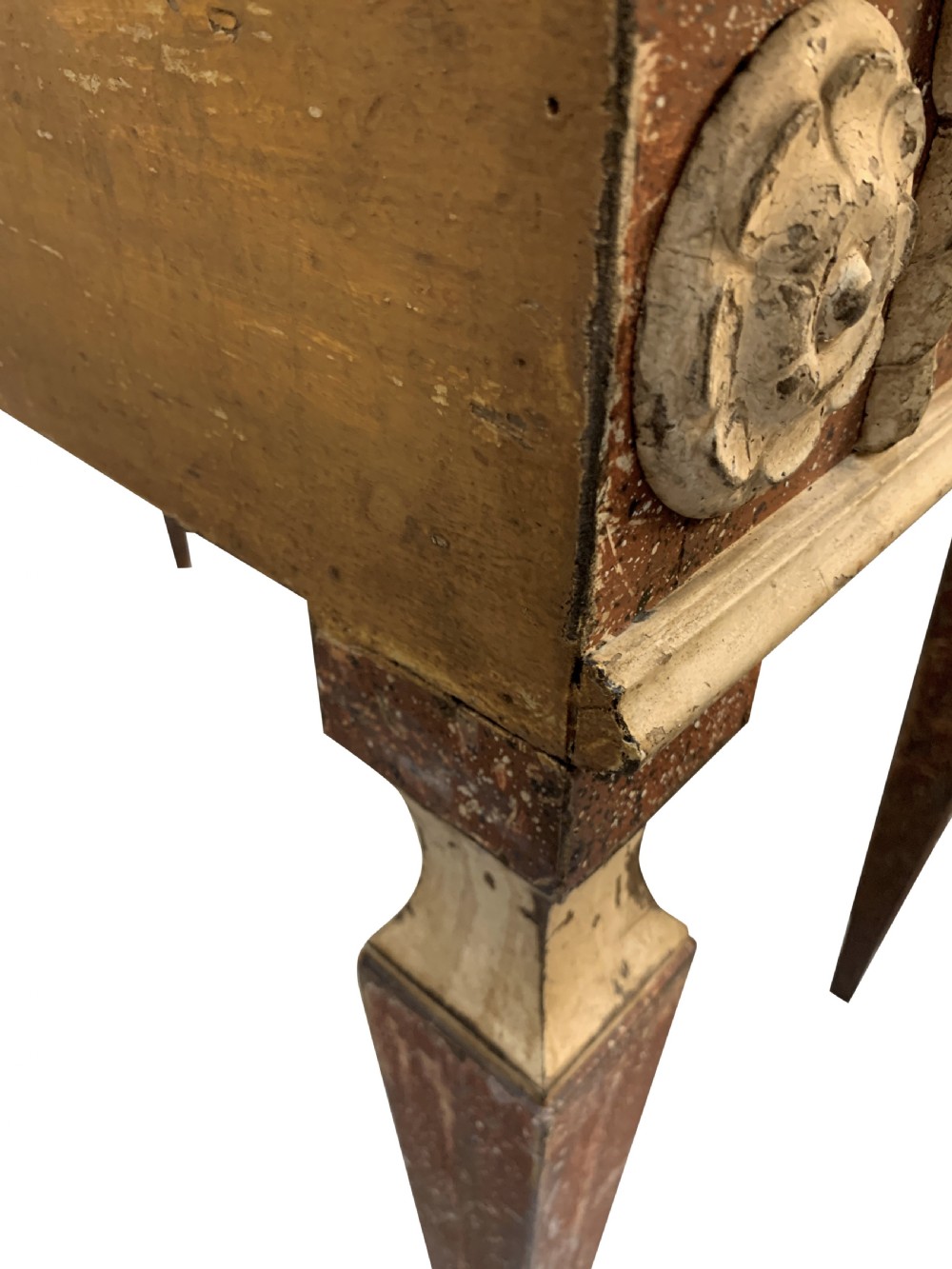 An 18th-century Italian Neoclassical console table featuring a dark marble top, square tapered legs, and a painted apron decorated with carved draped garlands. View IX