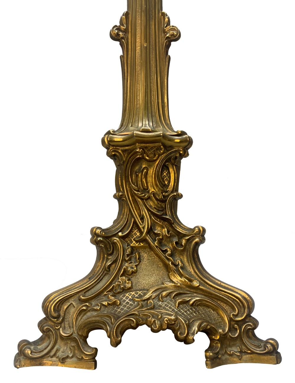A 19th-century gilt bronze table lamp featuring a fluted column shaft, an ornate scrolled tripod base, and a pleated patterned fabric shade. View II