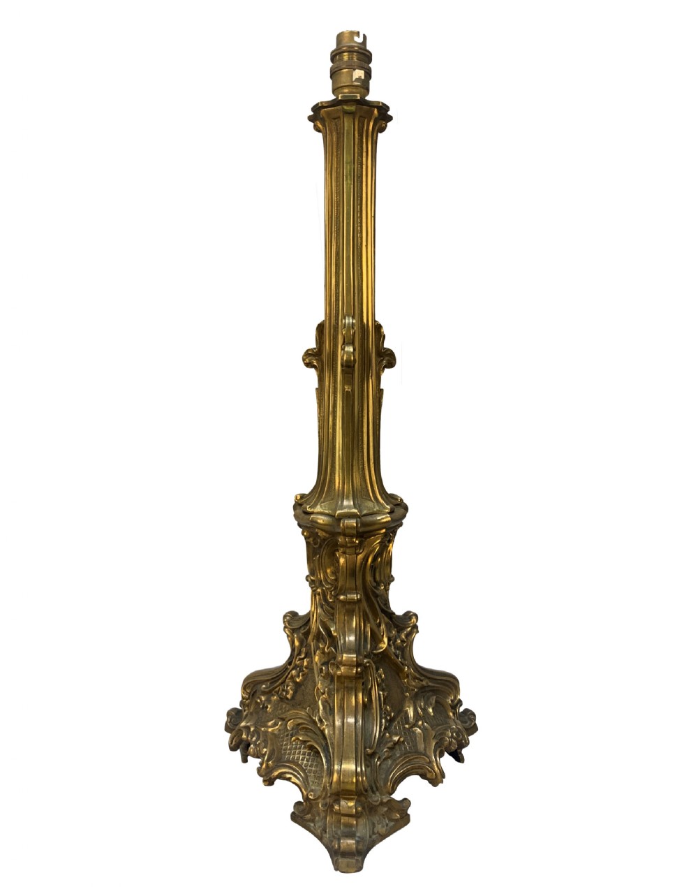 A 19th-century gilt bronze table lamp featuring a fluted column shaft, an ornate scrolled tripod base, and a pleated patterned fabric shade. View III