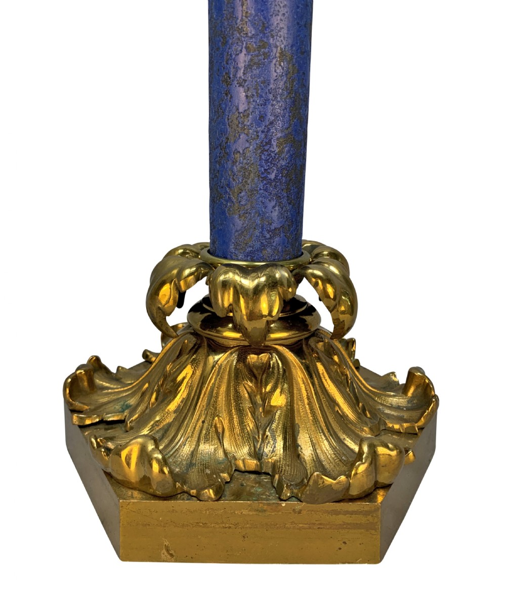 A tall William IV table lamp featuring a blue faux lapis lazuli central column anchored by an ornate gilt bronze base with acanthus leaf details. View II