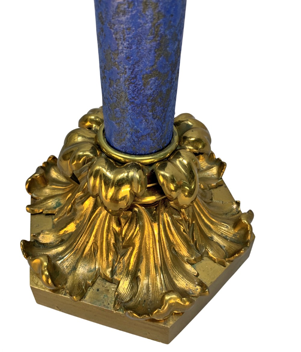 A tall William IV table lamp featuring a blue faux lapis lazuli central column anchored by an ornate gilt bronze base with acanthus leaf details. View IV