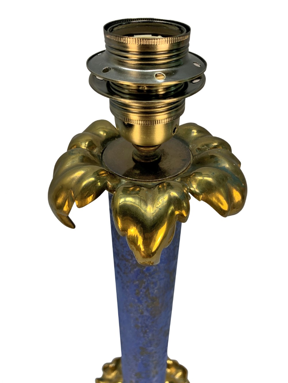 A tall William IV table lamp featuring a blue faux lapis lazuli central column anchored by an ornate gilt bronze base with acanthus leaf details. View V