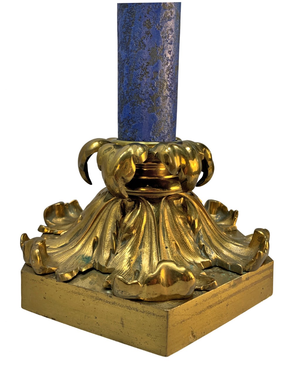 A tall William IV table lamp featuring a blue faux lapis lazuli central column anchored by an ornate gilt bronze base with acanthus leaf details. View VI