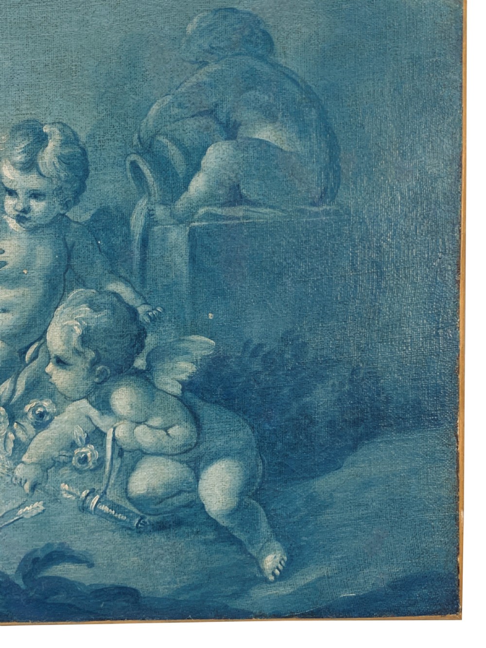 An eighteenth-century monochrome blue oil painting depicting winged cherubs gathered around a small fire within a classical landscape. View II