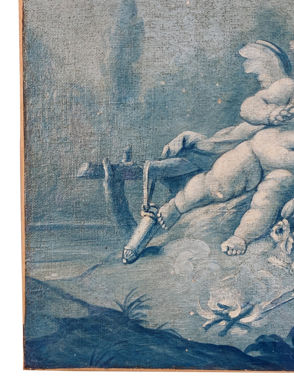 An eighteenth-century monochrome blue oil painting depicting winged cherubs gathered around a small fire within a classical landscape. View III