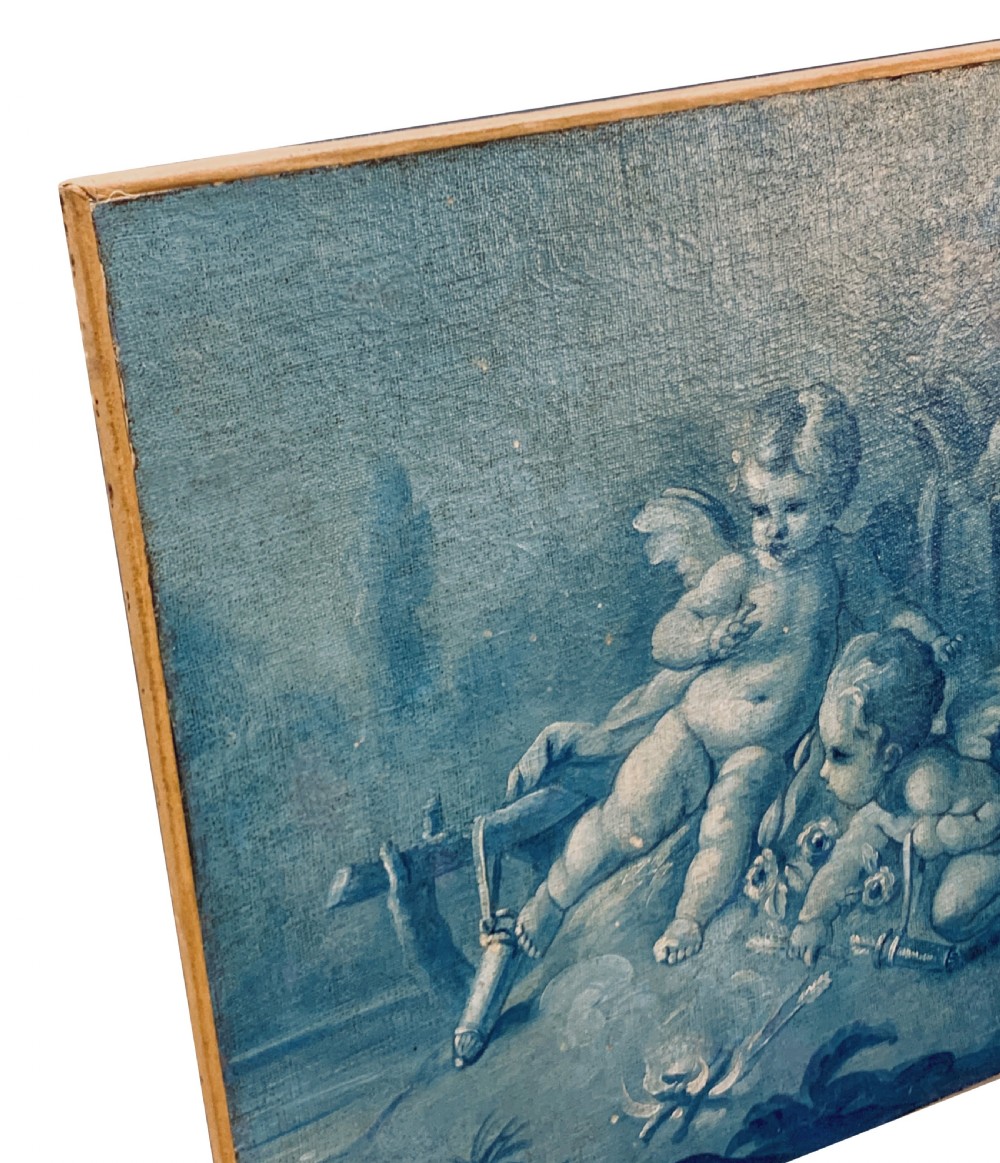 An eighteenth-century monochrome blue oil painting depicting winged cherubs gathered around a small fire within a classical landscape. View IV