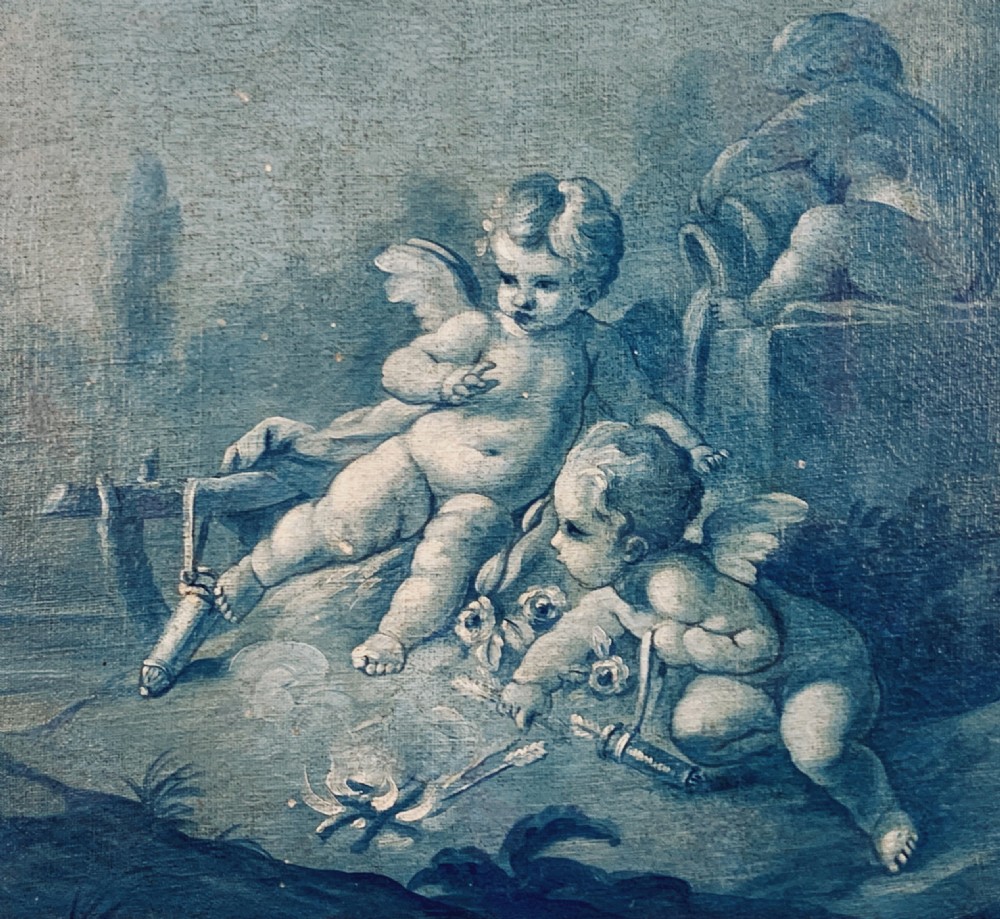 An eighteenth-century monochrome blue oil painting depicting winged cherubs gathered around a small fire within a classical landscape. View V