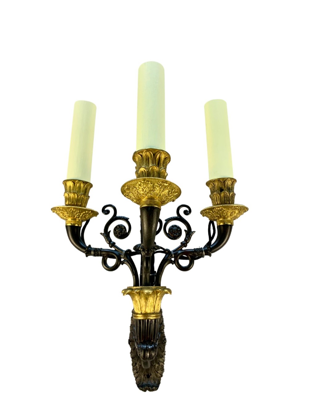 A pair of French Empire style wall lights featuring dark patinated bronze curved branches with four gilt bronze candle sockets each. View IV