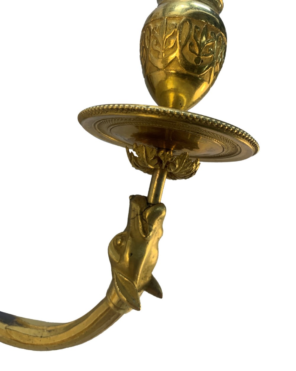 A pair of Neoclassical wall lights featuring dark patinated bronze female caryatid figures holding gilt bronze multi-arm candle holders with urn nozzles. View VIII