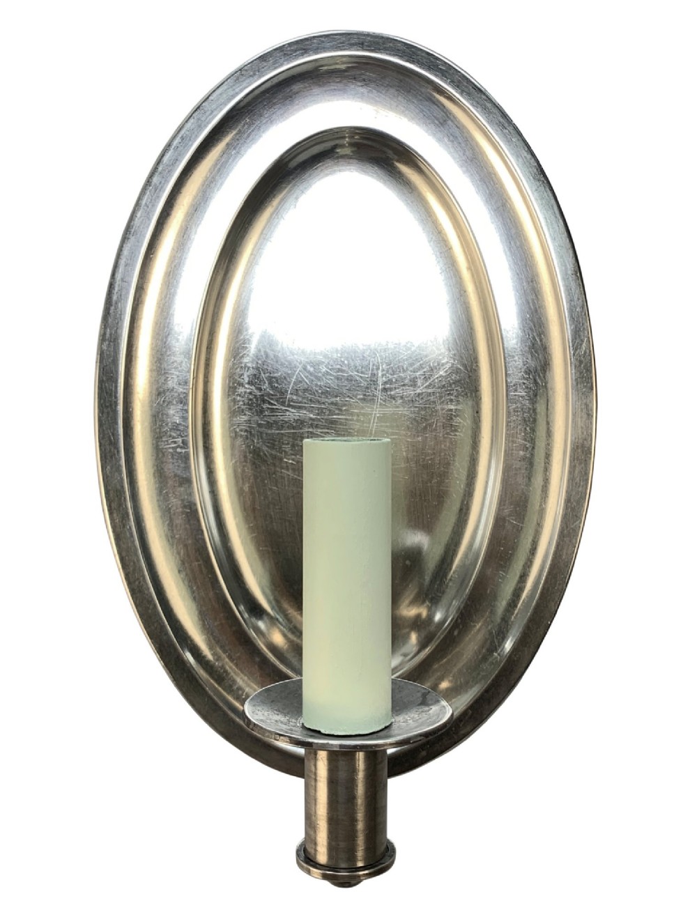 A set of six oval silver-plated single-arm wall sconces featuring reflective backplates and candle-style light sockets. View VII