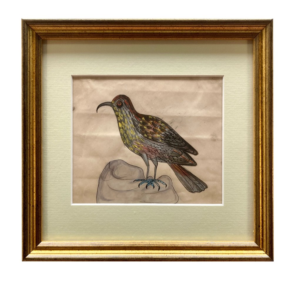 A set of eleven framed early nineteenth-century watercolours depicting various Indian bird species perched on branches and rocks, each displayed in a matching gold frame with a cream mount. View V