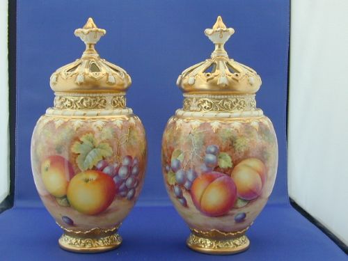 Royal Worcester Pair of Fruit Painted 3 Piece Pot Pourri Vases
