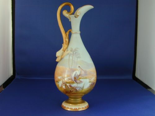 Royal Worcester Ewer Decorated Storks Signed W Powell