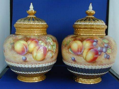 Royal Worcester Pair of Fruit Painted Pot-pourri Vases.