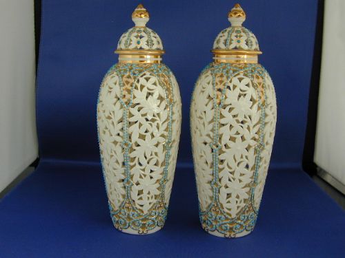 Pair of Graingers Worcester Jewelled and Pierced Vases and Covers