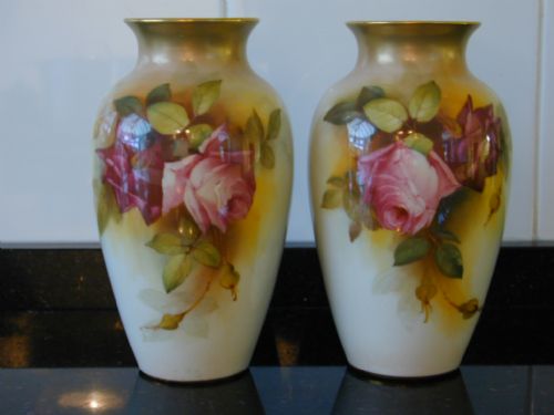 Royal Worcester Pair of Artist Signed Vases Decorated Roses by W H Austin.