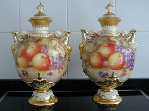 Royal Worcester Pair of Large Fruit Painted Vases and Covers Signed Ayrton