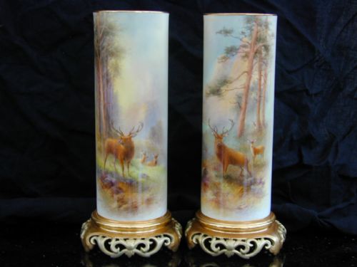 Rare Pair of Royal Worcester Vases Decorated Stags by Harry Stinton