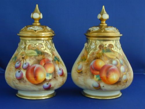 Royal Worcester Matching Pair of Fruit Painted Artist Signed Pot Pourri Vases.