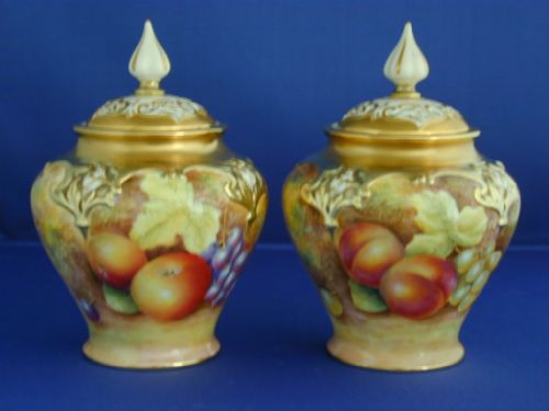 Matching Pair of Royal Worcester Fruit Painted Artist Signed Pot Pourri Vases