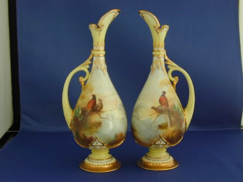 Royal Worcester Artist Signed Pair of Ewers