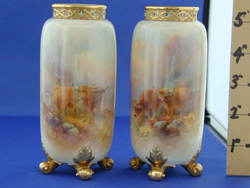 Royal Worcester Artist Signed Pair of Vases Highland Cattle
