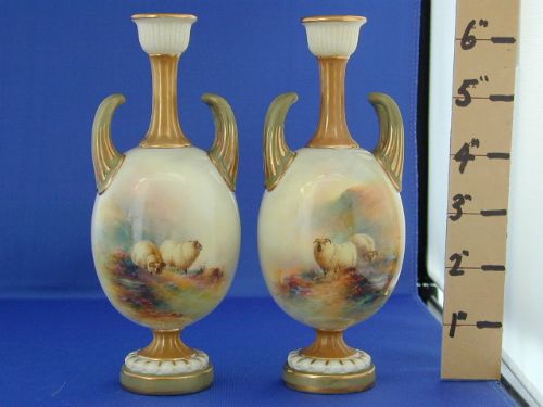 Royal Worcester Matching Pair of Vases, Sheep by Barker.