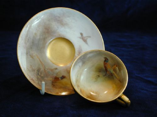 Royal Worcester Hand Painted Miniature Cup and Saucer by James Stinton
