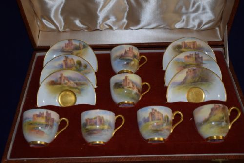 royal worcester cased coffee set decorated with scottish castles - CATEGORY: ANTIQUE CERAMICS - DATED 1930