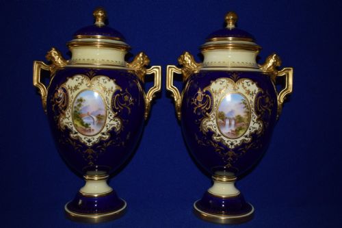coalport pair of hand painted vases and covers - CATEGORY: ANTIQUE VASES - DATED 1910