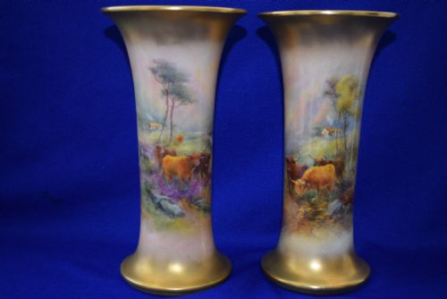 Royal Worcester Pair of Vases, Highland Cattle by Harry Stinton