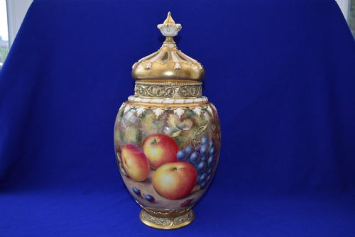 royal worcester 3 piece pot pourri vase painted fruit by h ayrton - CATEGORY: ANTIQUE VASES - DATED 1950