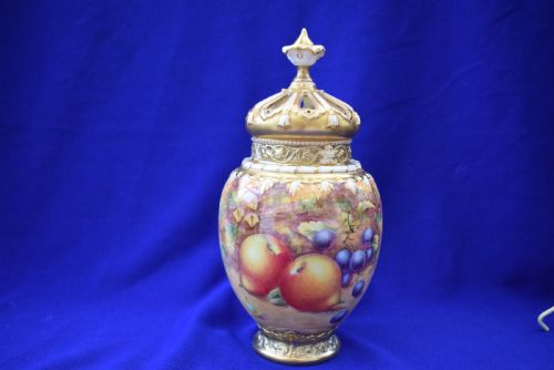 royal worcester 3 piece painted fruit pot pourri vase - CATEGORY: ANTIQUE VASES - DATED 1960