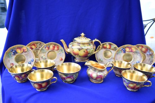 royal worcester painted fruit artist signed rope edge tea set - CATEGORY: ANTIQUE CERAMICS - DATED 1960