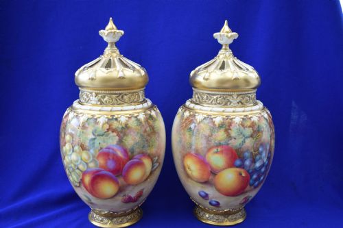 royal worcester large pair of painted fruit 3 piece pot pourri vases by ayrton - CATEGORY: ANTIQUE VASES - DATED 1950
