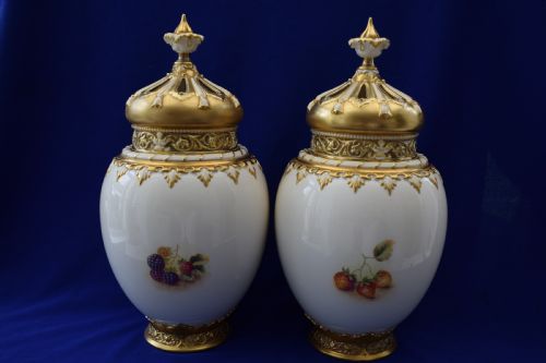 ROYAL WORCESTER LARGE PAIR OF PAINTED FRUIT 3 PIECE POT POURRI VASES BY AYRTON - ADDITIONAL PHOTO 1