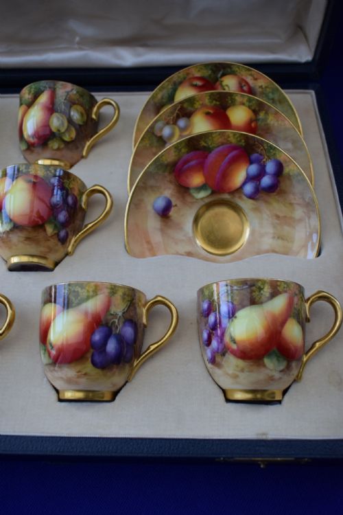ROYAL WORCESTER PAINTED FRUIT CASED COFFEE SET PINKM MARK EARLY PERIOD - ADDITIONAL PHOTO 2