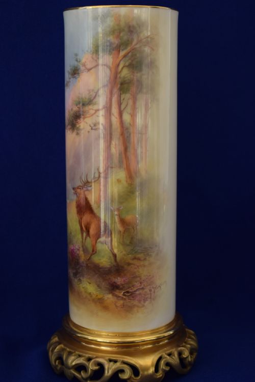 ROYAL WORCESTER LARGE SPILL VASE DECORATED STAGS BY HARRY STINTON - ADDITIONAL PHOTO 3