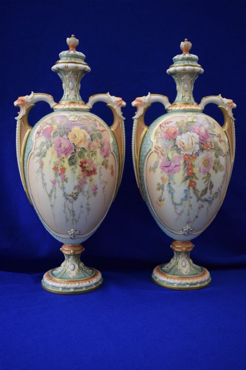 royal worcester pair of large artist signed floral vases - CATEGORY: ANTIQUE VASES - DATED 1900