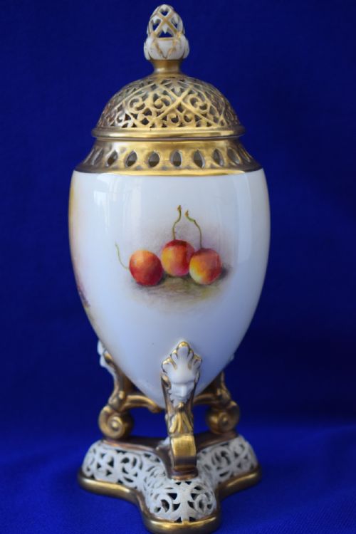 ROYAL WORCESTER PAINTED FRUIT POT POURRI VASE - ADDITIONAL PHOTO 2