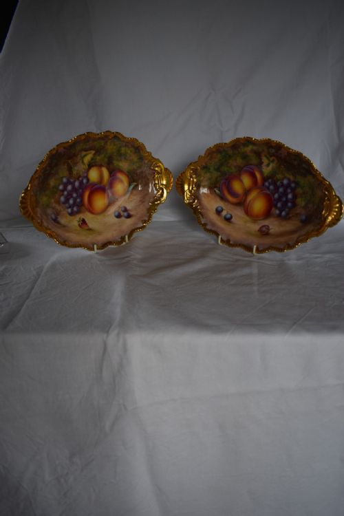 royal worcester pair of oval painted fruit dessert dishes star edge decorated by h ayrton - CATEGORY: ANTIQUE CERAMICS - DATED 1950
